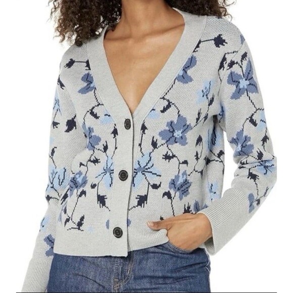 Club Monaco Floral Jacquard Cardigan Grey Blue Size M - Picture 1 of 13